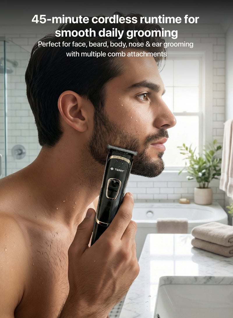 Team Rechargeable Hair & Beard Trimmer for Men | Stainless Steel Blade | 45min Cordless Use | USB Charging Groomer | Precision Trimmer with Guide Combs (3/6/9/12mm) | High‑Performance Rechargeable Battery - Image 2